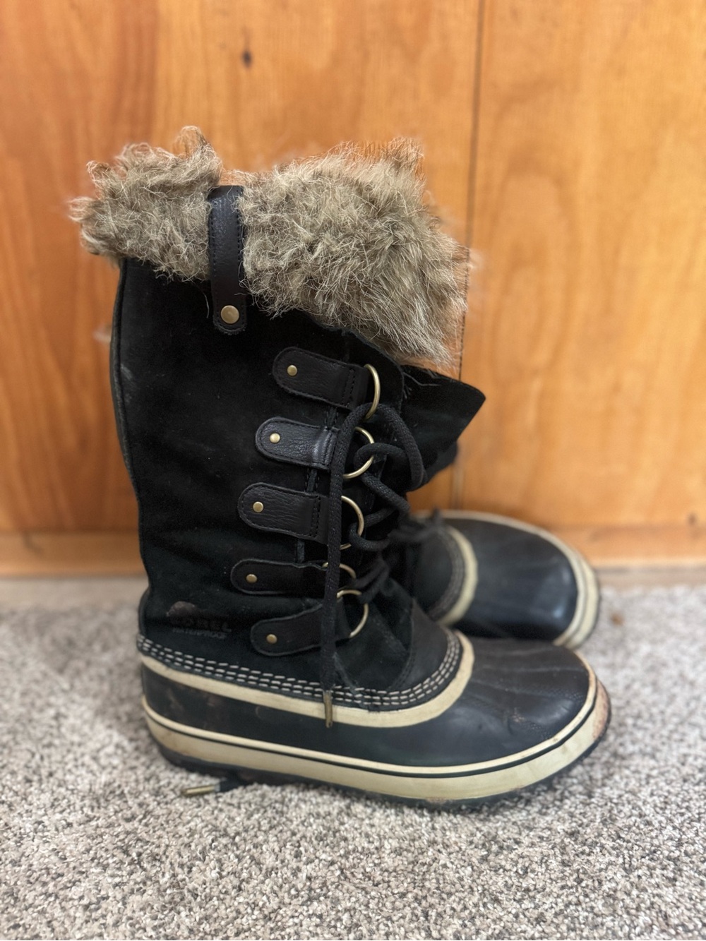 Sorel Black and Brown Faux Fur Winter Rain Boots